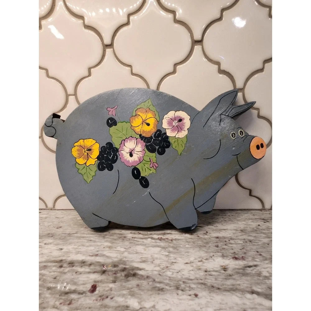 Vintage Wooden Pig‎ Wall Decor Folk Art Hand Painted Flowers Farmhouse Country